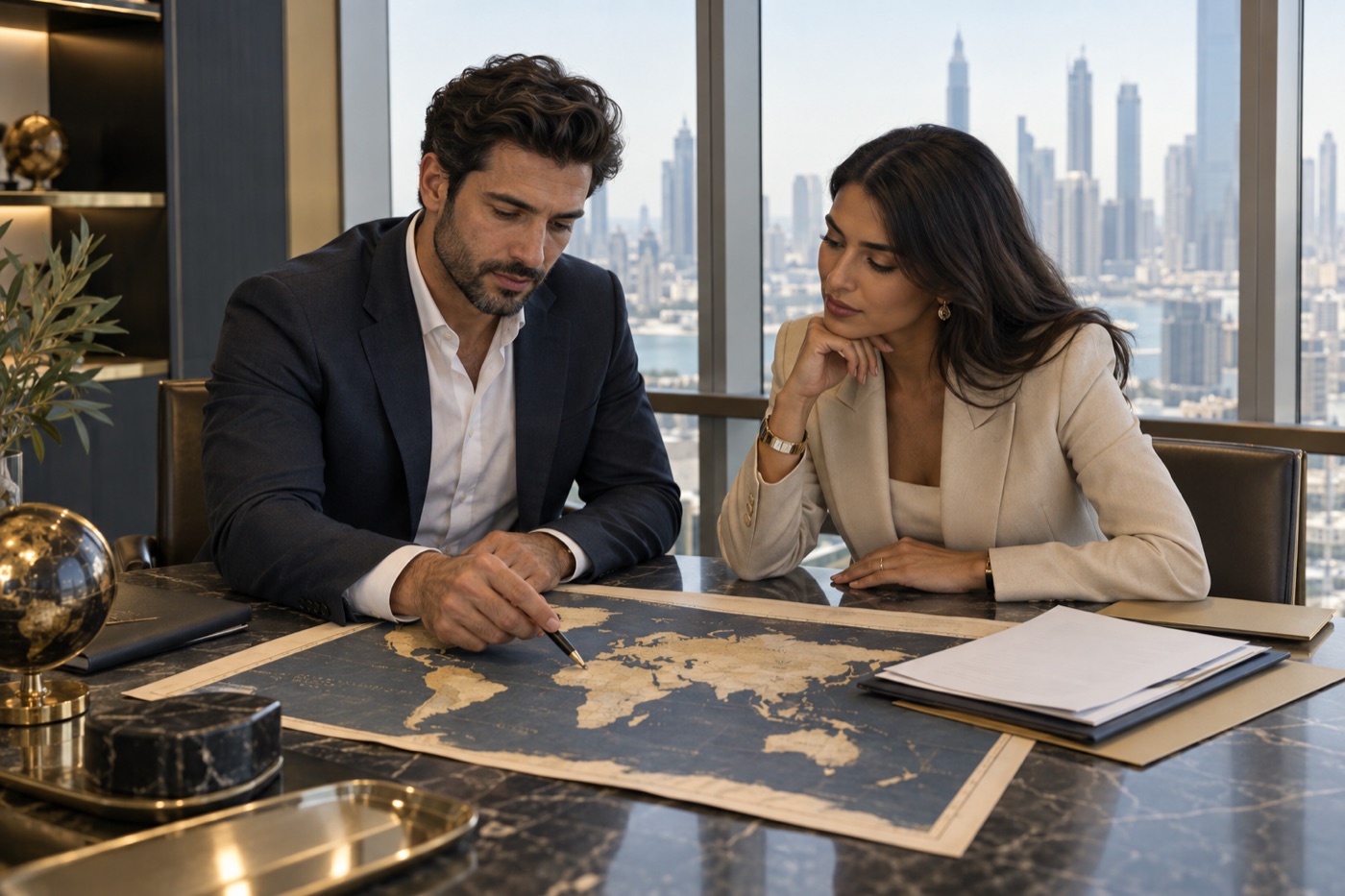 Professional couple in Dubai reviewing international investment and mobility documents with an adviser