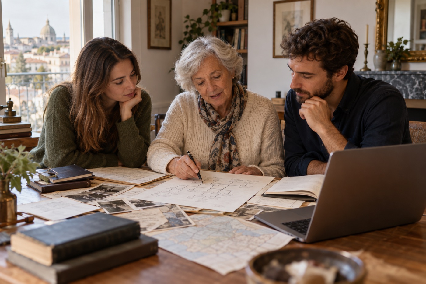 Multigenerational family reviewing old civil records and building a family tree together