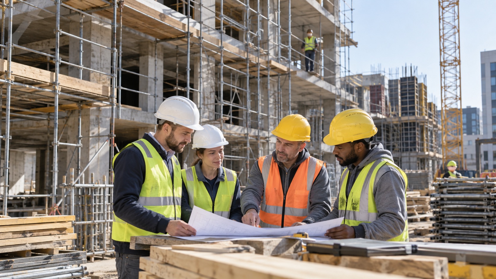 Construction workers reviewing site plans beside scaffolding on a European building project