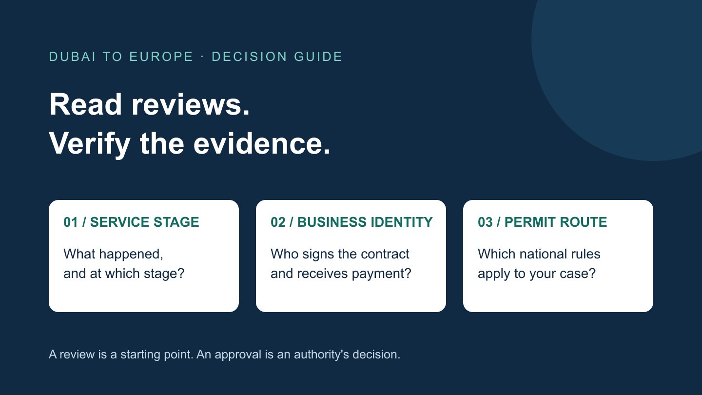 Three evidence checks for consultant reviews: identify the service stage, verify the business and confirm the permit route