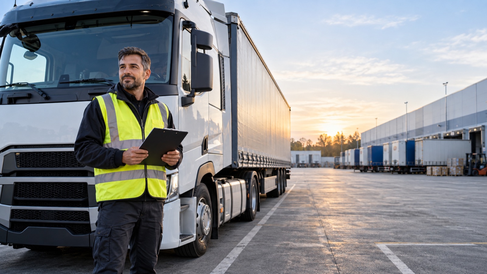Professional truck driver beside a long-haul truck at a European logistics depot