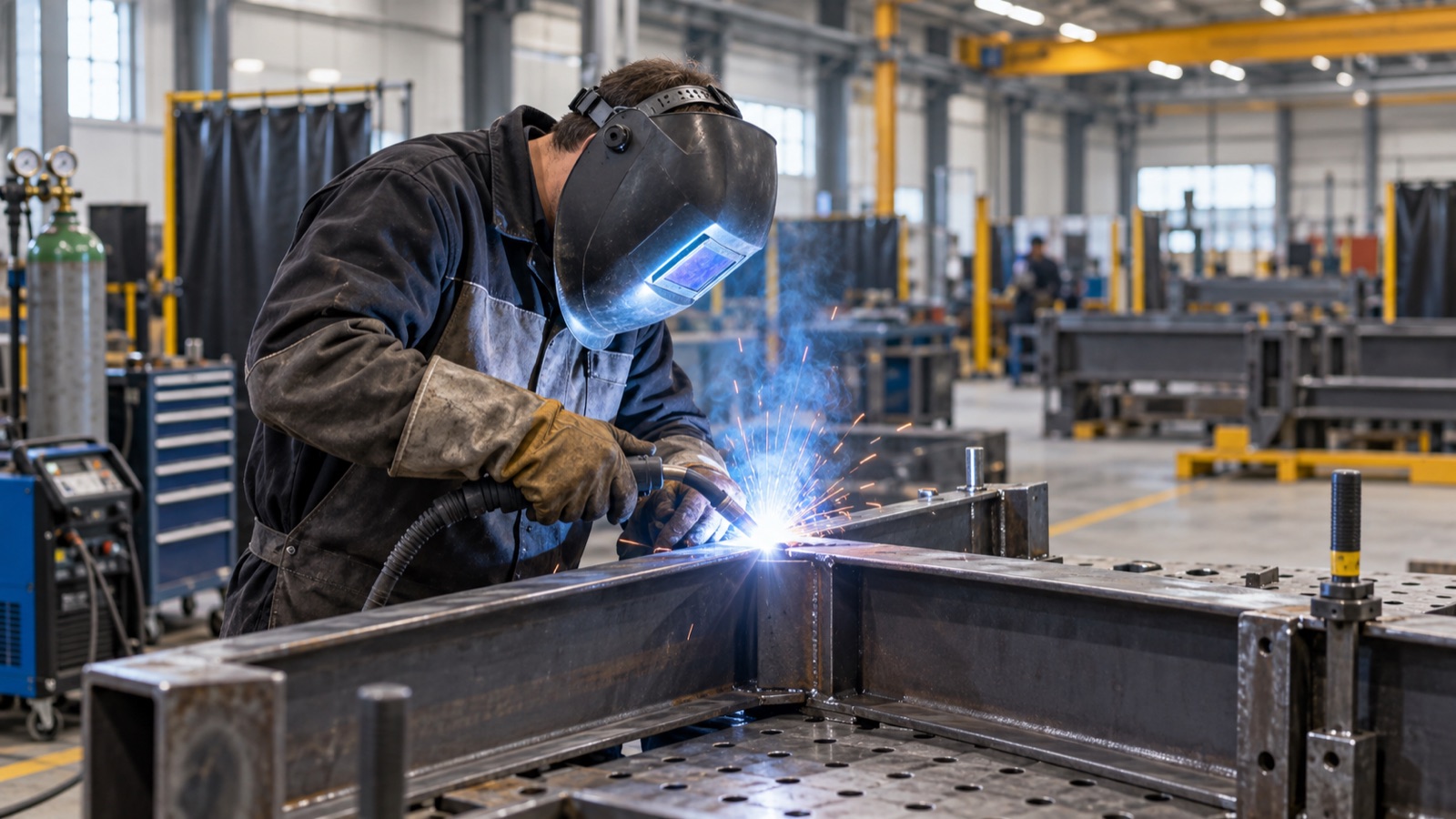 Welder in protective equipment working on steel fabrication in a European industrial workshop
