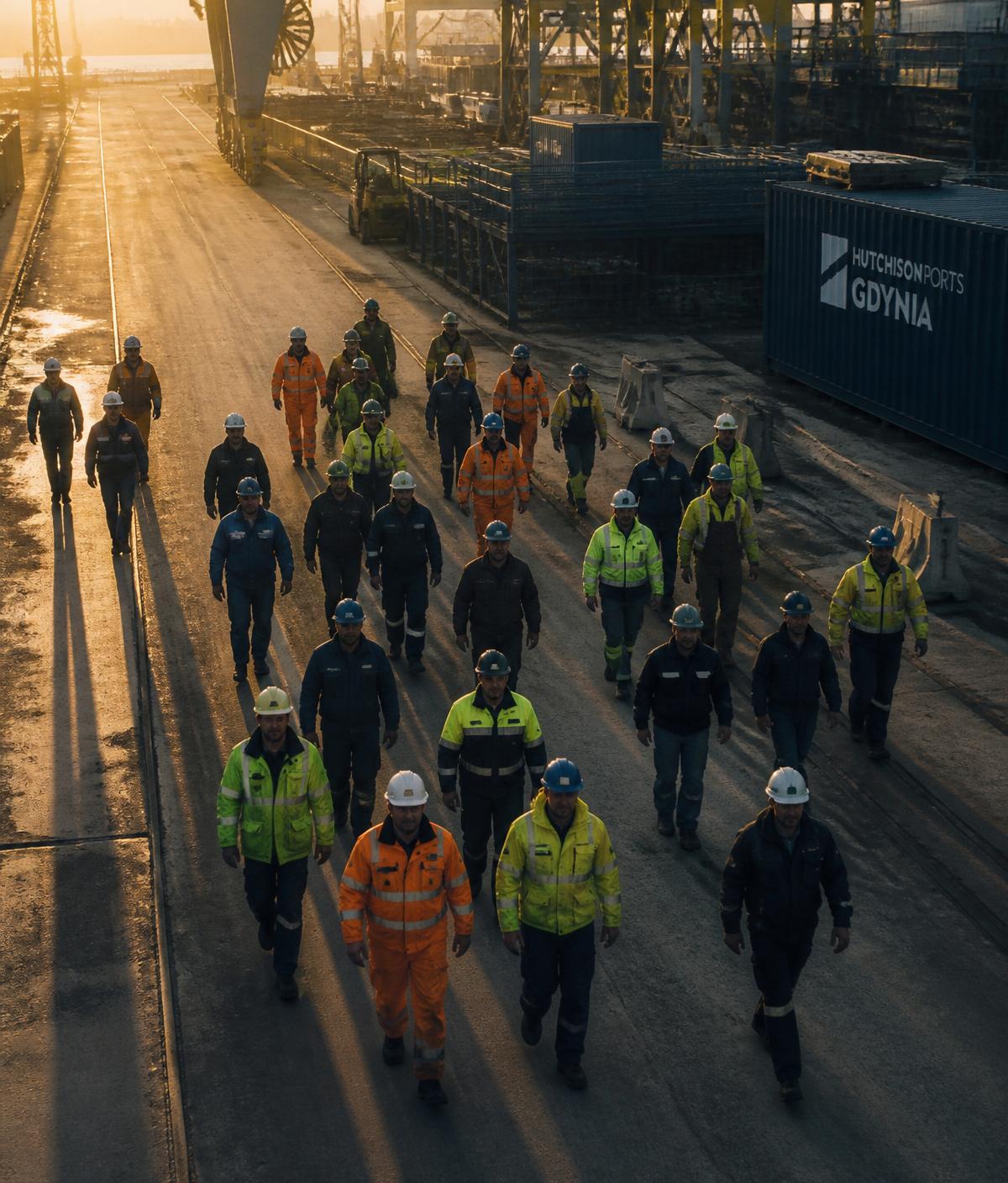 Blue-collar workers in safety gear, representing trade recruitment from Dubai to Europe